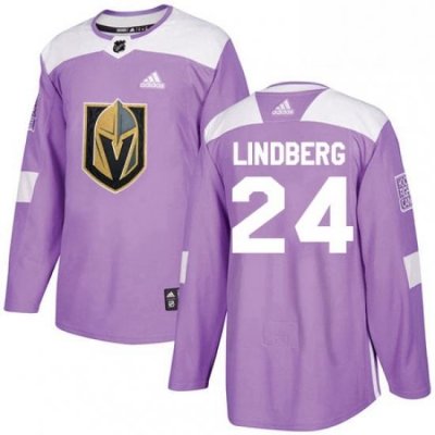 Mens Adidas Vegas Golden Knights 24 Oscar Lindberg Authentic Purple Fights Cancer Practice NHL Jersey