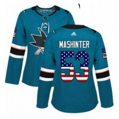 Womens Adidas San Jose Sharks 53 Brandon Mashinter Authentic Teal Green USA Flag Fashion NHL Jersey