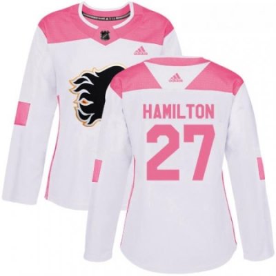 Womens Adidas Calgary Flames 27 Dougie Hamilton Authentic WhitePink Fashion NHL Jersey