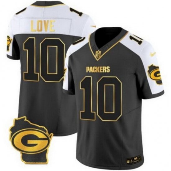 Men Green Bay Packers 10 Jordan Love Black White Gold 2024 F U S E  Home Patch Vapor Untouchable Limited Stitched Jersey