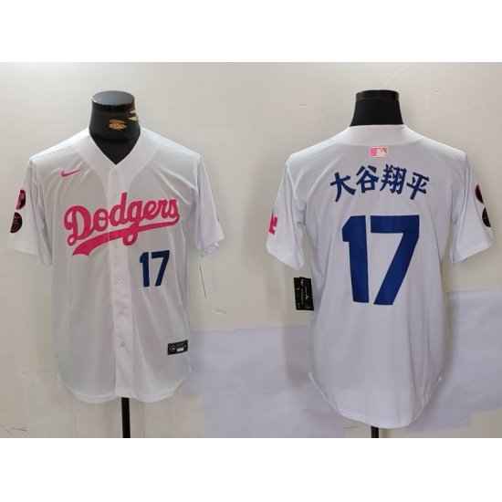 Men Los Angeles Dodgers 17  Shohei Ohtani White Pink Vin  26 Kobe Patch Stitched Baseball Jersey 1