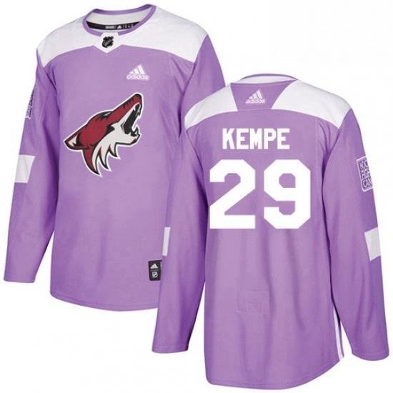 Mens Adidas Arizona Coyotes 29 Mario Kempe Authentic Purple Fights Cancer Practice NHL Jersey