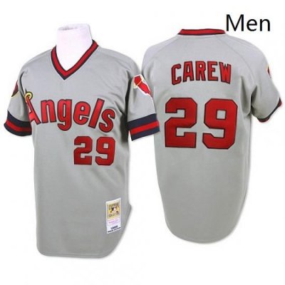 Mens Mitchell and Ness 1985 Los Angeles Angels of Anaheim 29 Rod Carew Replica Grey Throwback MLB Jersey