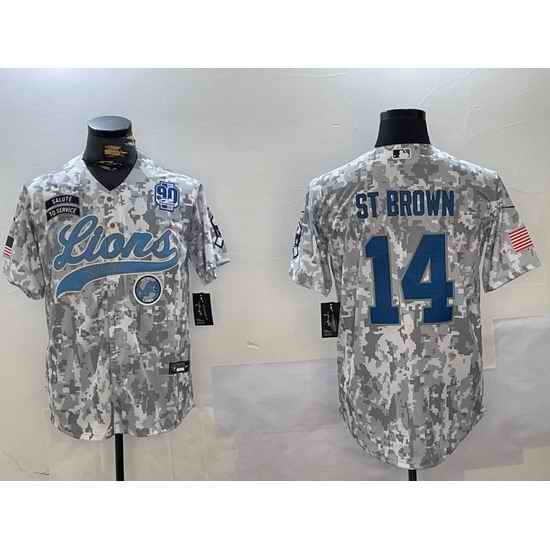 Men Detroit Lions 14 Amon Ra St Brown 2024 Arctic Camo Salute To Service Stitched Baseball Jersey 5