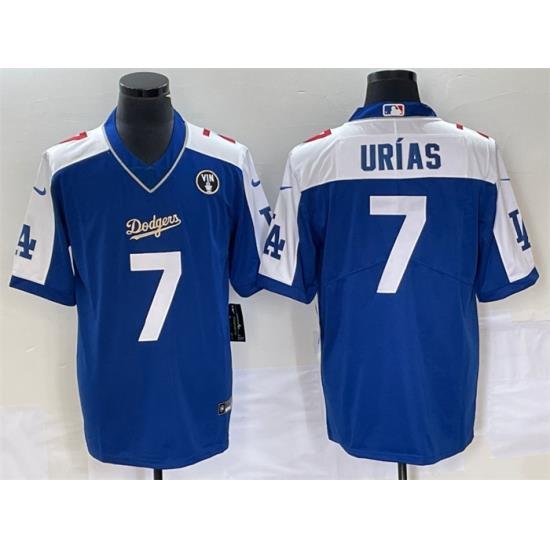 Men Los Angeles Dodgers 7 Julio Urias Blue Vin Scully Patch Stitched Jersey