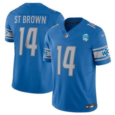 Men Detroit Lions 14 Amon Ra St  Brown Blue 2023 F U S E  90th Anniversary Vapor Untouchable Limited Stitched Jersey