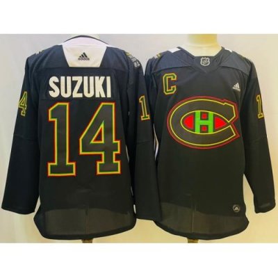 Men Montreal Canadiens 14 Nick Suzuki 2022 Black Warm Up History Night Stitched Jersey