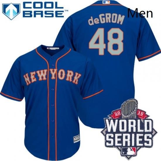 Mens Majestic NeW York Mets 48 Jacob deGrom Replica Royal Blue Alternate Road Cool Base 2015 World Series MLB Jersey