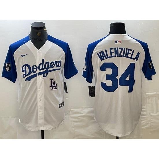 Men Los Angeles Dodgers 34 Toro Valenzuela White Blue Vin Patch Cool Base Stitched Baseball Jersey  8