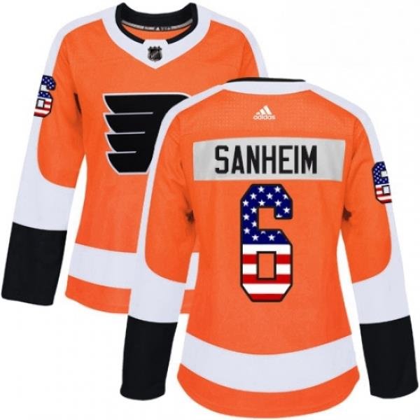 Womens Adidas Philadelphia Flyers 6 Travis Sanheim Authentic Orange USA Flag Fashion NHL Jersey