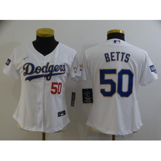 Women Los Angeles Dodgers Mookie Betts 50 Championship Gold Trim White Limited All Stitched Flex Base Jersey