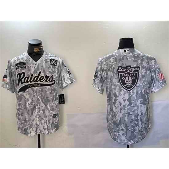 Men Las Vegas Raiders Team Big Logo 2024 Arctic Camo Salute To Service With 65th Anniversary Patch Stitched Baseball Jersey