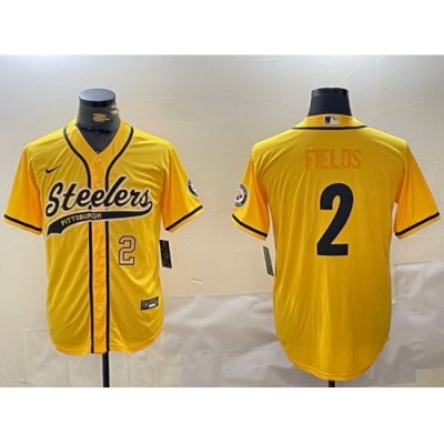 Men Pittsburgh Steelers 2 Justin Fields Yellow With Patch Cool Base Stitched Baseball Jersey 1