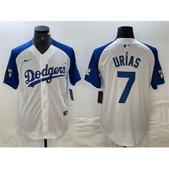 Men Los Angeles Dodgers 7 Julio Urias White Blue Vin Patch Cool Base Stitched Baseball Jersey 6