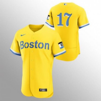 Men Boston Red Sox 17 Nathan Eovaldi Men Nike 2021 City Connect Gold Authentic MLB Jersey   No Name