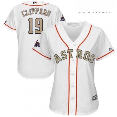 Womens Majestic Houston Astros 19 Tyler Clippard Authentic White 2018 Gold Program Cool Base MLB Jersey