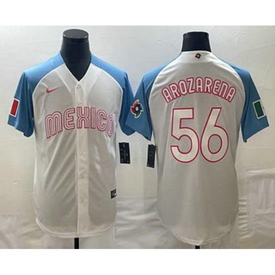 Men's Mexico Baseball #56 Randy Arozarena 2023 White Blue World Classic Stitched Jerseys