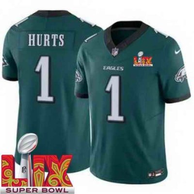 Youth Philadelphia Eagles Jalen Hurts #1 Green 2024 2025 Super Bowl LIX F U S E Stitched NFL Jersey