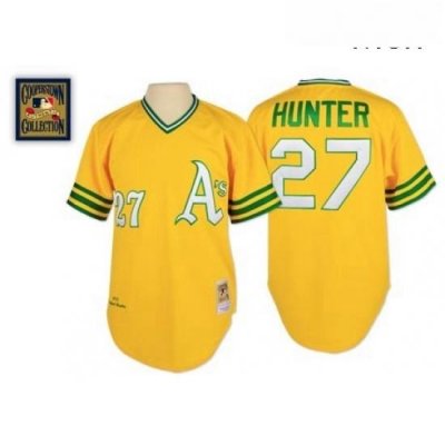 Mens Mitchell and Ness Oakland Athletics 27 Catfish Hunter Authentic Gold Throwback MLB Jersey