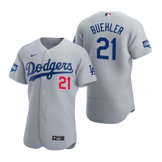 Men Los Angeles Dodgers 21 Walker Buehler Gray 2020 World Series Champions Flex Base Jersey