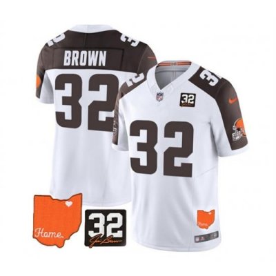 Men Cleveland Browns 32 Jim Brown White Brown 2023 F U S E  With Jim Brown Memorial Patch Vapor Untouchable Limited Stitched Jersey