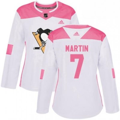 Womens Adidas Pittsburgh Penguins 7 Paul Martin Authentic WhitePink Fashion NHL Jersey