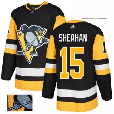 Mens Adidas Pittsburgh Penguins 15 Riley Sheahan Authentic Black Fashion Gold NHL Jersey