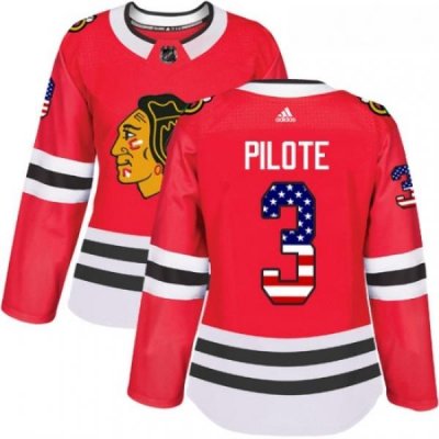 Womens Adidas Chicago Blackhawks 3 Pierre Pilote Authentic Red USA Flag Fashion NHL Jersey