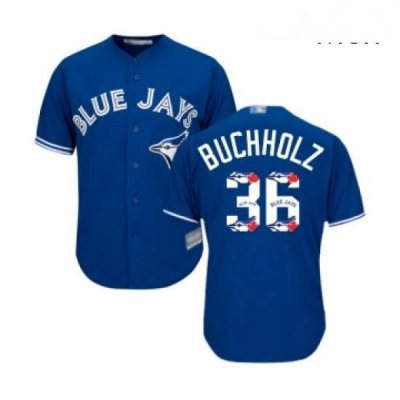 Mens Toronto Blue Jays 36 Clay Buchholz Authentic Blue Team Logo Fashion Baseball Jersey