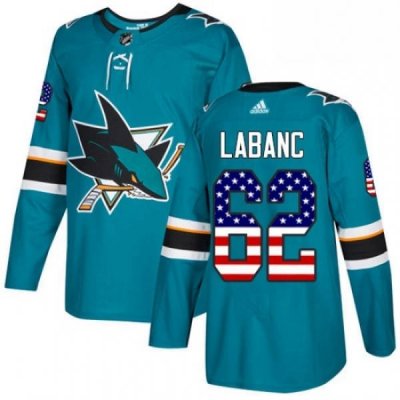 Mens Adidas San Jose Sharks 62 Kevin Labanc Authentic Teal Green USA Flag Fashion NHL Jersey