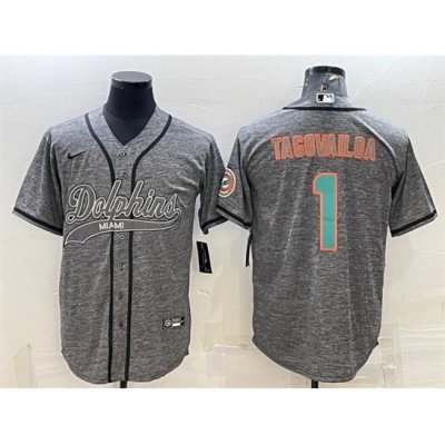 Men Miami Dolphins 1 Tua Tagovailoa Grey With Patch Cool Base Stitched Baseball Jersey