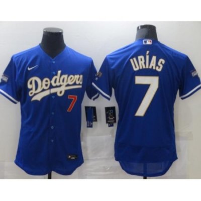 Men Los Angeles Dodgers Julio Urias 7 Championship Gold Trim Blue Limited All Stitched Flex Base Jersey