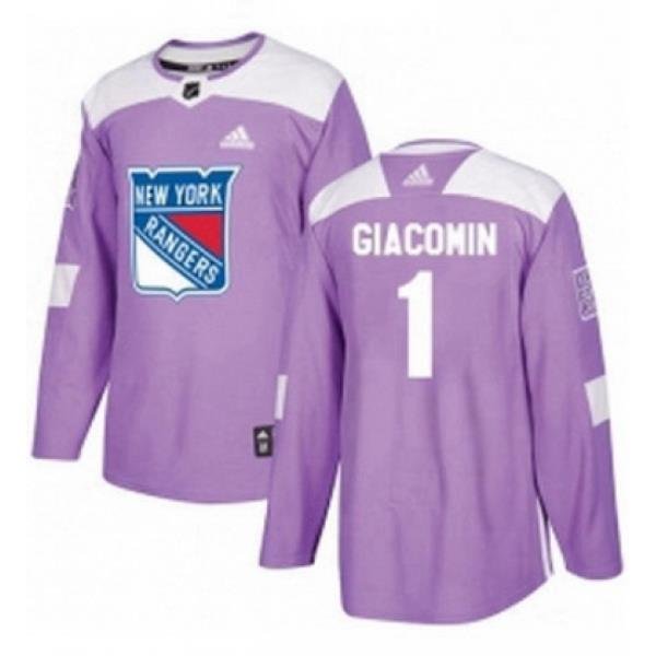 Mens Adidas New York Rangers 1 Eddie Giacomin Authentic Purple Fights Cancer Practice NHL Jersey