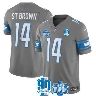 Men Detroit Lions 14 Amon Ra St  Brown Grey 2023 F U S E  90th Anniversary NFC North Division Champions Vapor Untouchable Limited Stitched Jersey