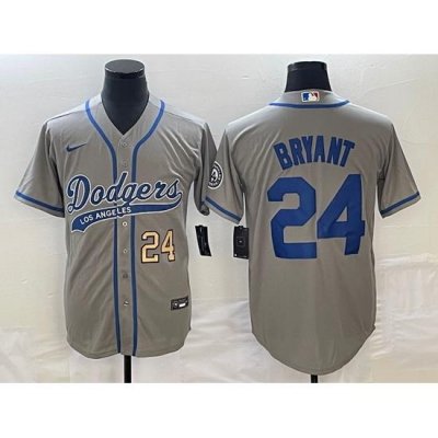 Men's Los Angeles Dodgers #24 Kobe Bryant Number Grey With Patch Cool Base Stitched Baseball Jersey