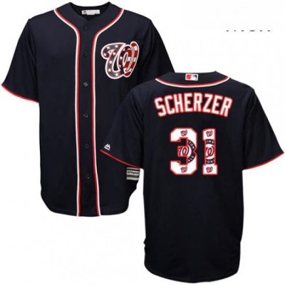 Mens Majestic Washington Nationals 31 Max Scherzer Authentic Navy Blue Team Logo Fashion Cool Base MLB Jersey