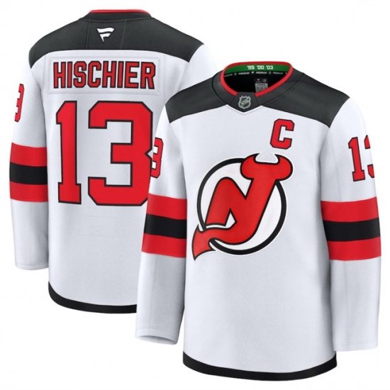 Men New Jersey Devils 13 Nico Hischier White 2024 25 Away Stitched Hockey Jersey