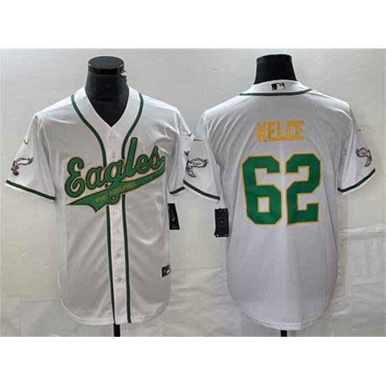 Men Philadelphia Eagles 62 Jason Kelce White Gold Cool Base Stitched Baseball Jersey