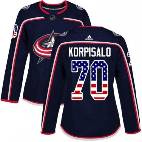 Womens Adidas Columbus Blue Jackets 70 Joonas Korpisalo Authentic Navy Blue USA Flag Fashion NHL Jersey