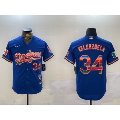 Men Los Angeles Dodgers 34 Fernando Valenzuela Royal Mexico California Patch Cool Base Stitched Baseball Jersey