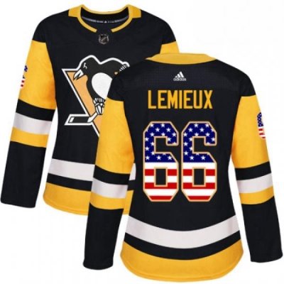 Womens Adidas Pittsburgh Penguins 66 Mario Lemieux Authentic Black USA Flag Fashion NHL Jersey