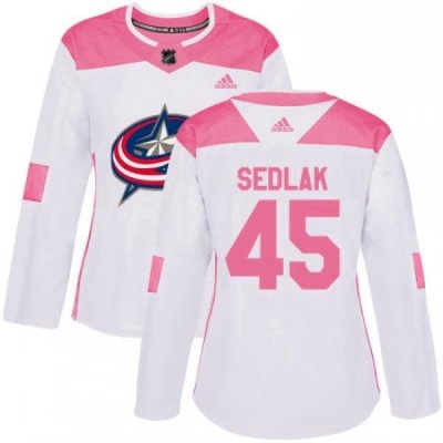 Womens Adidas Columbus Blue Jackets 45 Lukas Sedlak Authentic WhitePink Fashion NHL Jersey