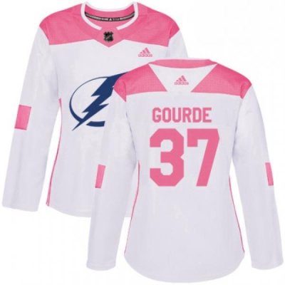 Womens Adidas Tampa Bay Lightning 37 Yanni Gourde Authentic WhitePink Fashion NHL Jersey