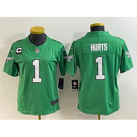 Women Philadelphia Eagles 1 Jalen Hurts Green 2023 F U S E  With C Patch Stitched Football Jersey  Run Small