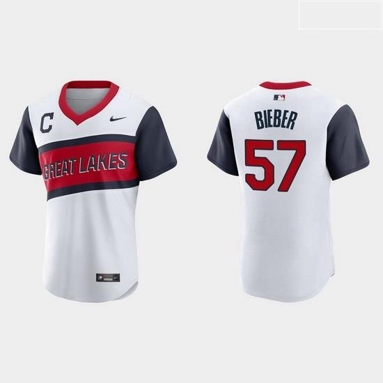 Men Cleveland Indians 57 Shane Bieber Men Nike White 2021 Little League Class Authentic MLB Jersey