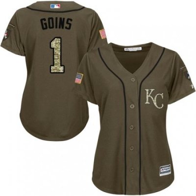 Womens Majestic Kansas City Royals 1 Ryan Goins Replica Green Salute to Service MLB Jersey