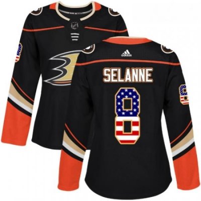 Womens Adidas Anaheim Ducks 8 Teemu Selanne Authentic Black USA Flag Fashion NHL Jersey