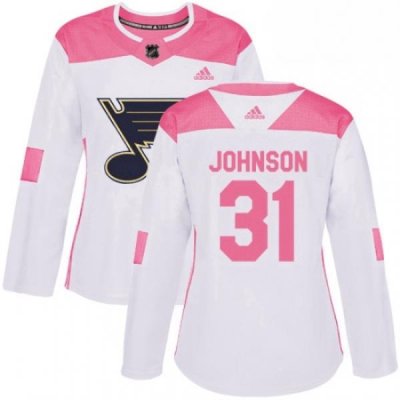 Womens Adidas St Louis Blues 31 Chad Johnson Authentic White Pink Fashion NHL Jersey