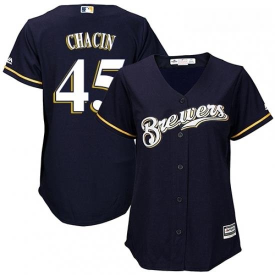 Womens Majestic Milwaukee Brewers 45 Jhoulys Chacin Authentic Navy Blue Alternate Cool Base MLB Jersey