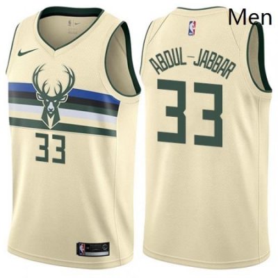 Mens Nike Milwaukee Bucks 33 Kareem Abdul Jabbar Authentic Cream NBA Jersey City Edition